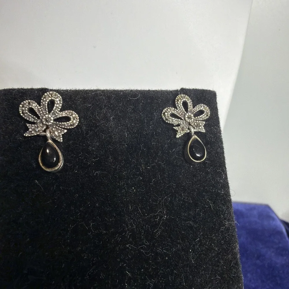 Marcasite Bow w Onyx Set in Silver Drop Post Earrings